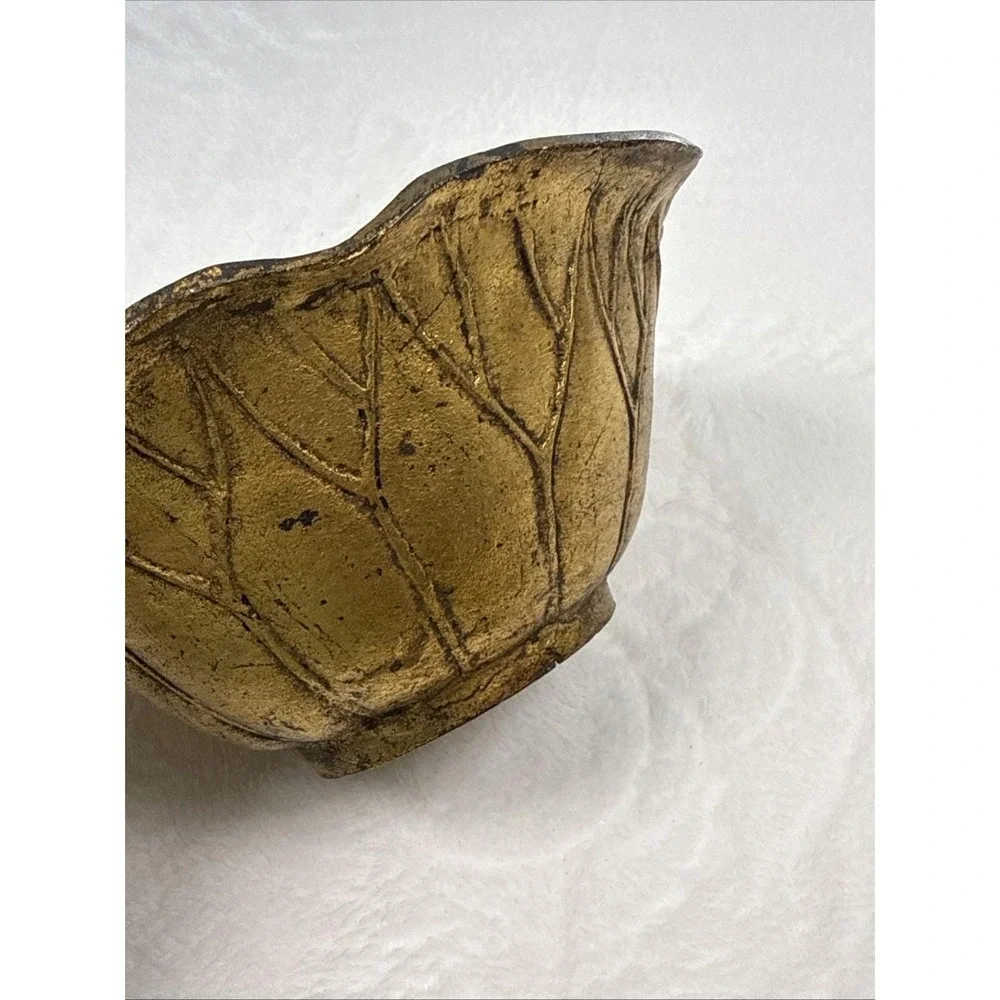Vintage Gold Leaf Bowl Hollywood Regency Decorative Metal Dish Trinket Catchall